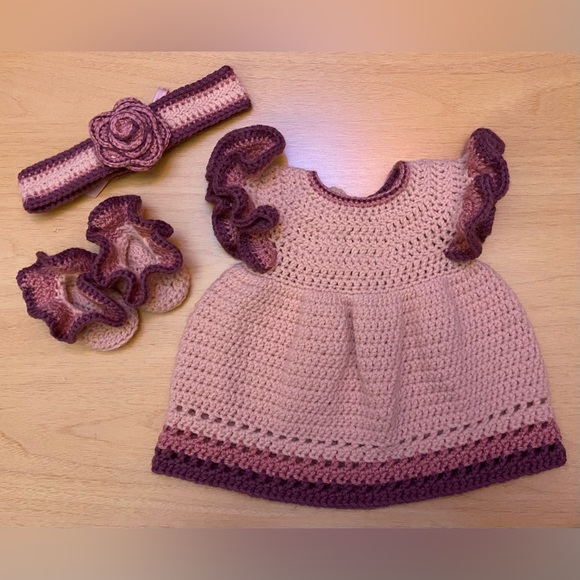 Handmade Hand Knit Crochet Crocheted Dress Headband Booties Shoes Baby Babygirl